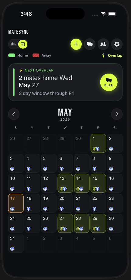 MateSync calendar view showing May 2026 with overlap days highlighted