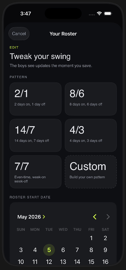 MateSync roster setup screen with preset tiles and custom builder option