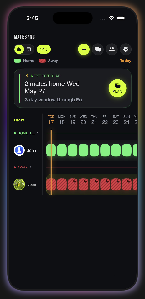 MateSync timeline showing two mates' rosters with overlap detection